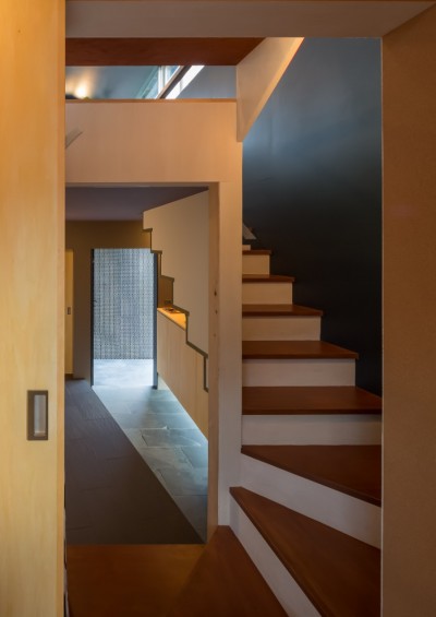 階段とその向こうの玄関 (水平窓と段床の家)