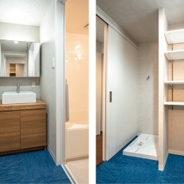 築40年のマンションが暮らしを楽しむ、モダンな住まいに！ (洗面室は、可動棚のある収納を設け収納力がアップ。)