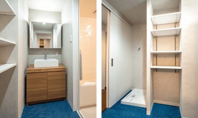 築40年のマンションが暮らしを楽しむ、モダンな住まいに！ (洗面室は、可動棚のある収納を設け収納力がアップ。)
