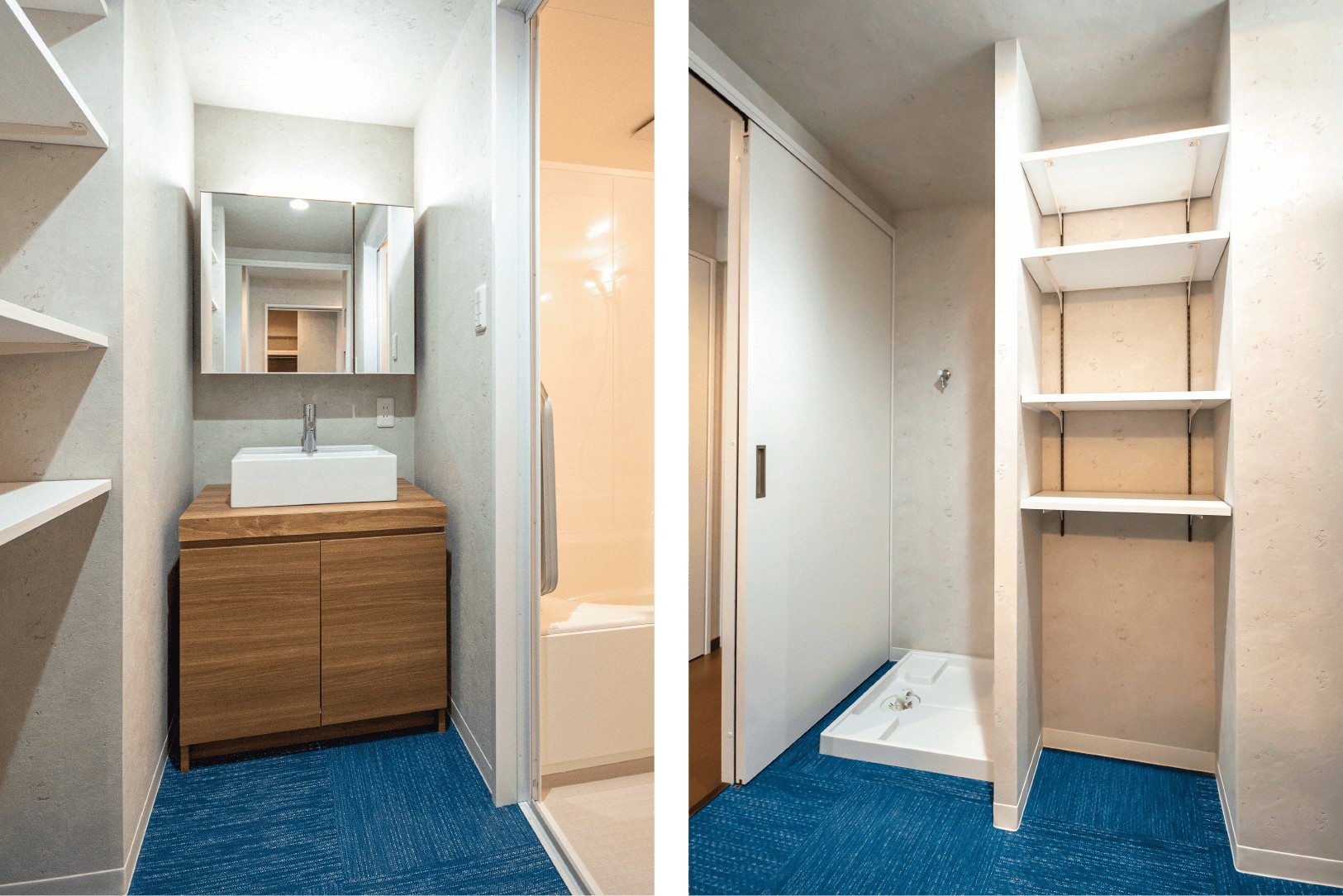 リビングダイニング事例：洗面室は、可動棚のある収納を設け収納力がアップ。（築40年のマンションが暮らしを楽しむ、モダンな住まいに！）