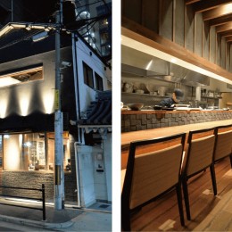 飲食店舗　全面リノベーション　(大阪市西区) (古民家のイメージに合わせ塗り壁風に仕上げた外観に木のぬくもりとしっくいの壁が味わい深いカウンター席。)