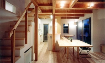 開放的、引戸を多用した木の家／川沿いの家 (作り付けの家具も空間を繋げる吹抜けをサポート)