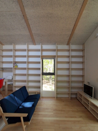 壁一面の本棚のあるリビングルーム (軽井沢の別荘)