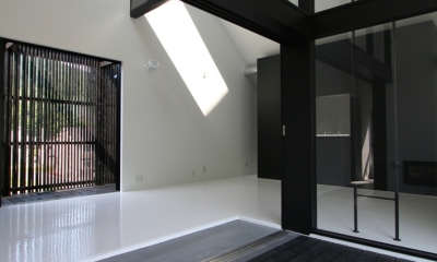 鳥取のミニマルデザインの家　OUCHI-02 (リビング前の2階デッキ玄関)