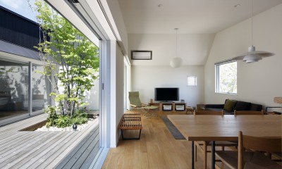 シンプルな平屋の「草津のコートハウス」 (中庭に面したリビングダイニング)
