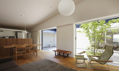 中庭と一体化したLDK｜シンプルな平屋の「草津のコートハウス」