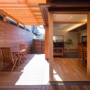 嵯峨の家／半屋外のテラスと一体化したリビング・ダイニングのリノベーションの写真 隣家の視線をさえぎるアウトドアリビングの木製ルーバー