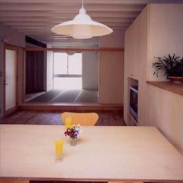 『スチールエコハウス＃1』鉄と木、機能とデザイン、柱の無い鉄の家-ダイニングより和室を見る