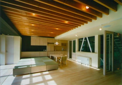 畳スペースのある大空間LDK (『空を臨む家』屋根の上は空中デッキ1階には水のパティオ-光と風を取り入れる緑豊かな住まい)
