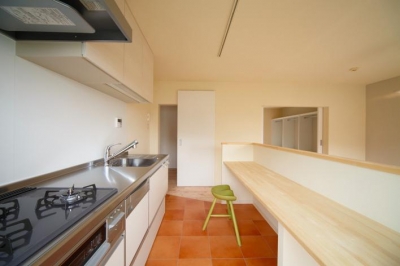 埼玉県和光市・緑豊かな旧公団住宅を、シンプルで暖かな空間へ (テラコッタ調フロアタイルのキッチン)