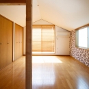 東京都新宿区・戸建てを自然素材の暖かさとお好みテイストでの写真 明るく開放的な寝室-柄クロス