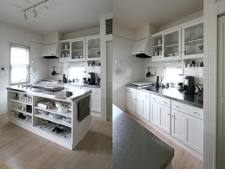 キッチン事例：白とステンレスを基調としたアイランド型キッチン（M邸）